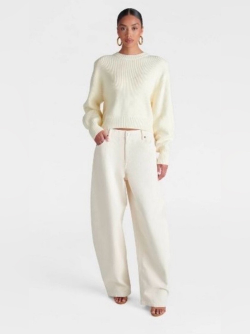 Cropped Crew Neck Sweater in Cream